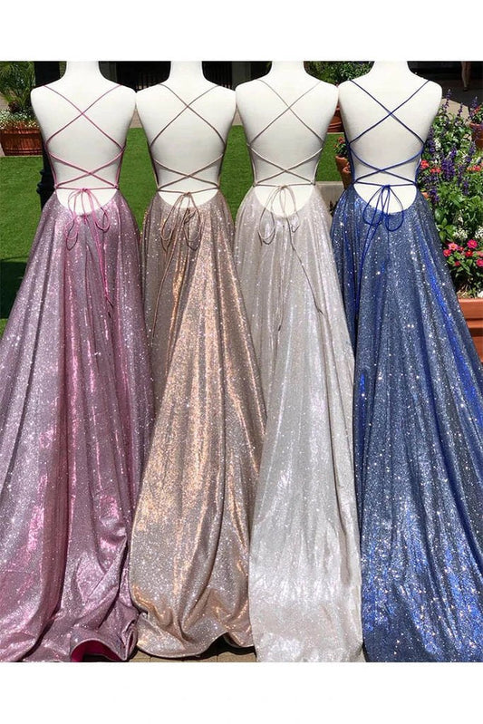A-Line Sparkle Long Prom Dresses with Split Backless Evening Dress MG128
