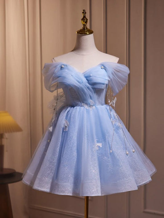 New Fashion Light Blue Pearl Design A-line Off-the-shoulder Puffy Homecoming Dress TP3413