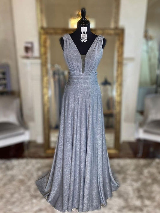 Vestido de fiesta largo de tul con lentejuelas y escote en V gris, vestido de noche gris