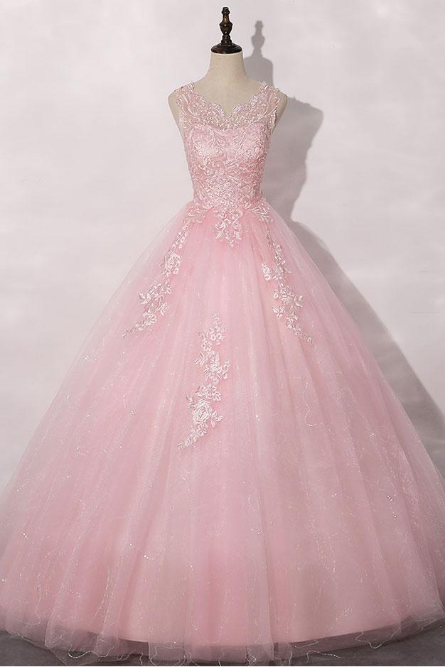 Vestido de fiesta largo de tul con cuello redondo y encaje rosa. Vestido formal de tul rosa.