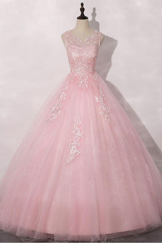Vestido de fiesta largo de tul con cuello redondo y encaje rosa. Vestido formal de tul rosa.