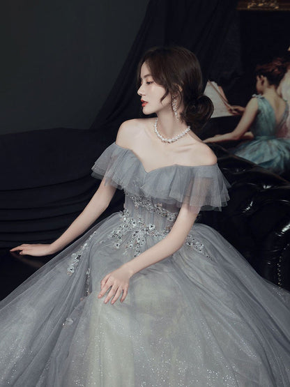 Vestido de fiesta largo de tul gris con hombros descubiertos, vestido formal de tul gris