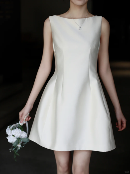 Simple A Line Round Neck Pearl White Satin Short Homecoming Dress Birthday Dress SH3155
