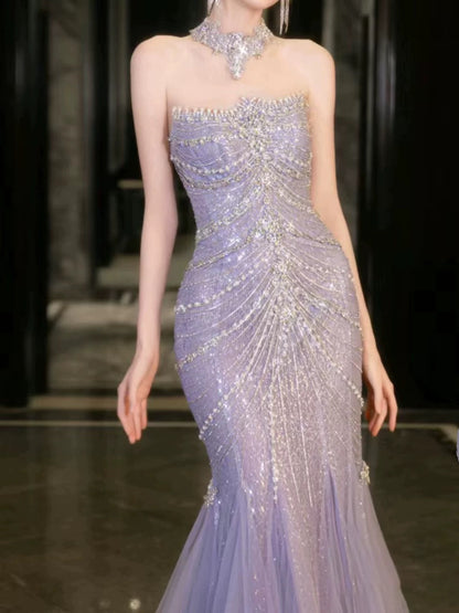 Pretty Mermaid Off The Shoulder Blue Tulle Silver Beads Long Prom Dresses Formal Evening Dress SD1498