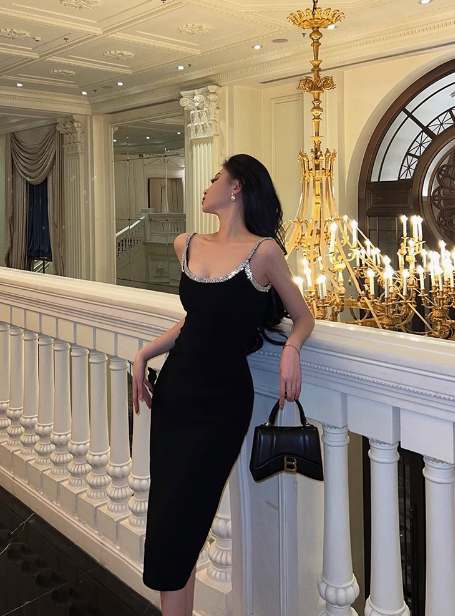 Vestido negro sexy de sirena con tirantes finos para cumpleaños número 18, ideas para vestidos de cumpleaños para mujeres (DP2324)