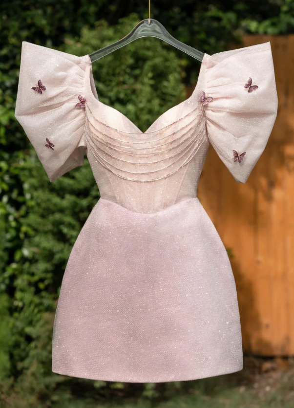 Cute Pink Off The Shoulder Tulle Sequins Homecoming Dress Short Birthday Outfits S392