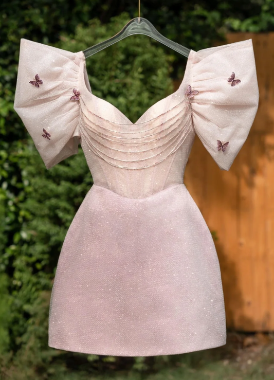 Cute Pink Off The Shoulder Tulle Sequins Homecoming Dress Short Birthday Outfits S392