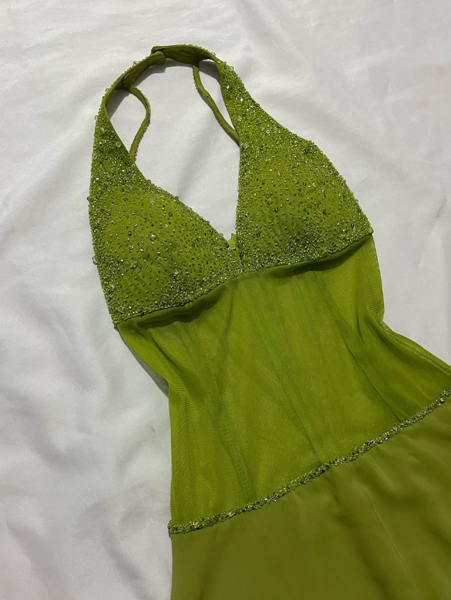 Green Vintage A Line V Neck Beaded Sequin Chiffon Prom Dress Evening Dress SH2539