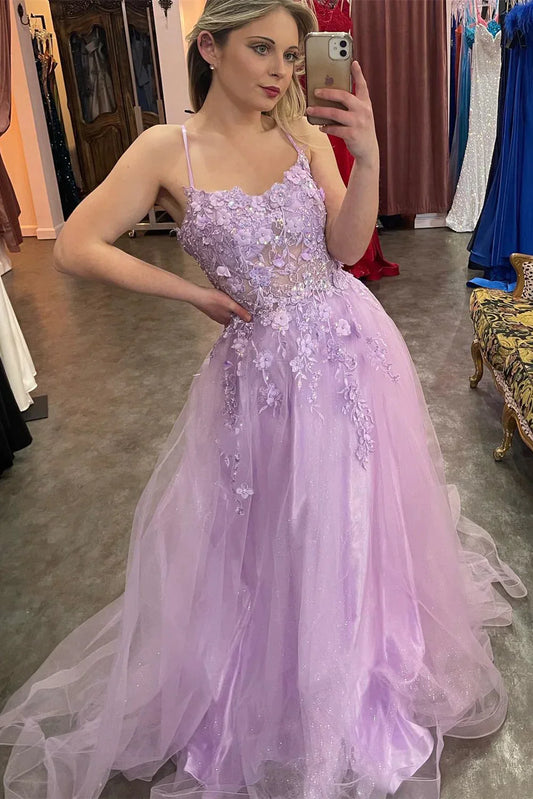 Spaghetti Straps Tulle Lilac Floral Prom Dress, Long Evening Dress GP621