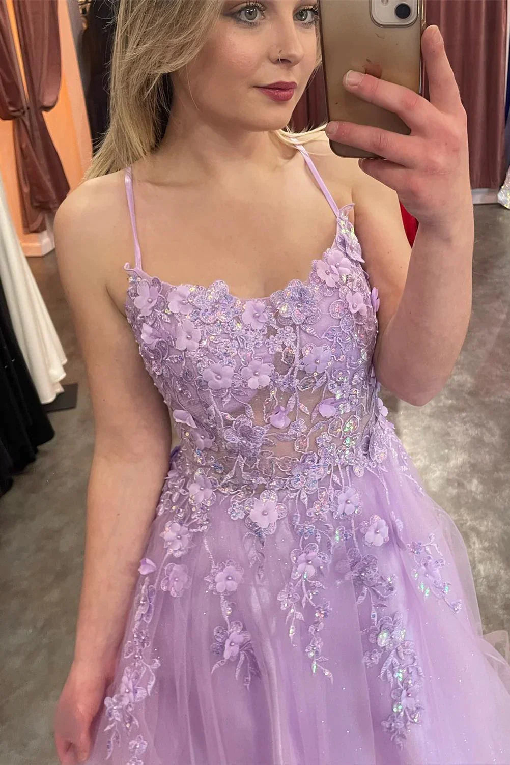 Spaghetti Straps Tulle Lilac Floral Prom Dress, Long Evening Dress GP621