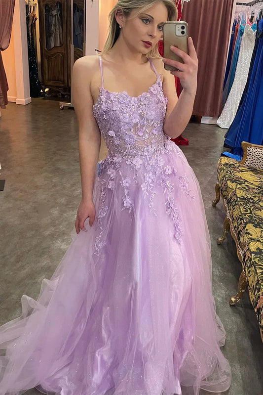 Spaghetti Straps Tulle Lilac Floral Prom Dress, Long Evening Dress GP621