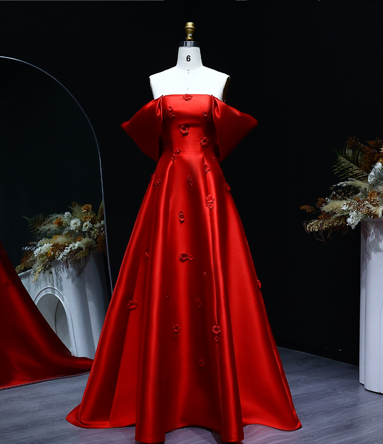Elegant A Line Off the Shoulder 3D Flower Red Satin Prom Dress Evening Dress SH2378