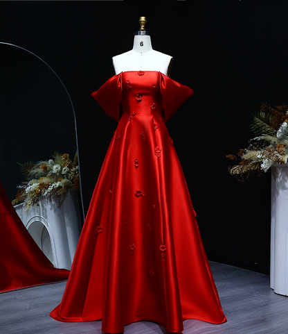 Elegant A Line Off the Shoulder 3D Flower Red Satin Prom Dress Evening Dress SH2378