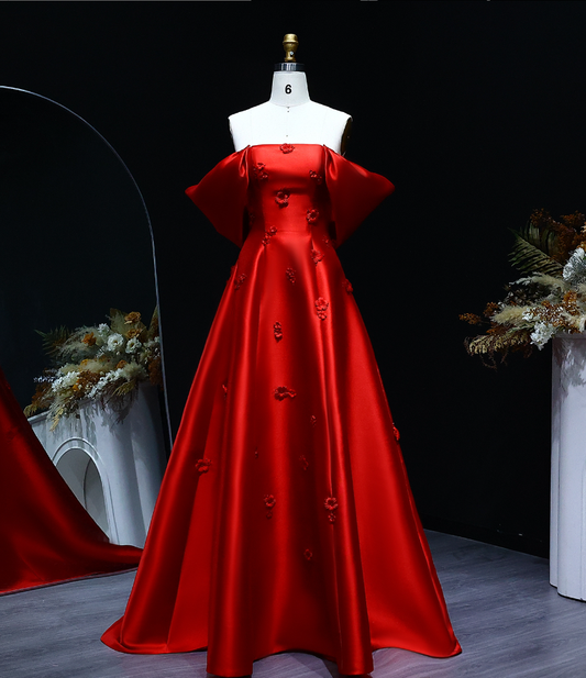 Elegant A Line Off the Shoulder 3D Flower Red Satin Prom Dress Evening Dress SH2378