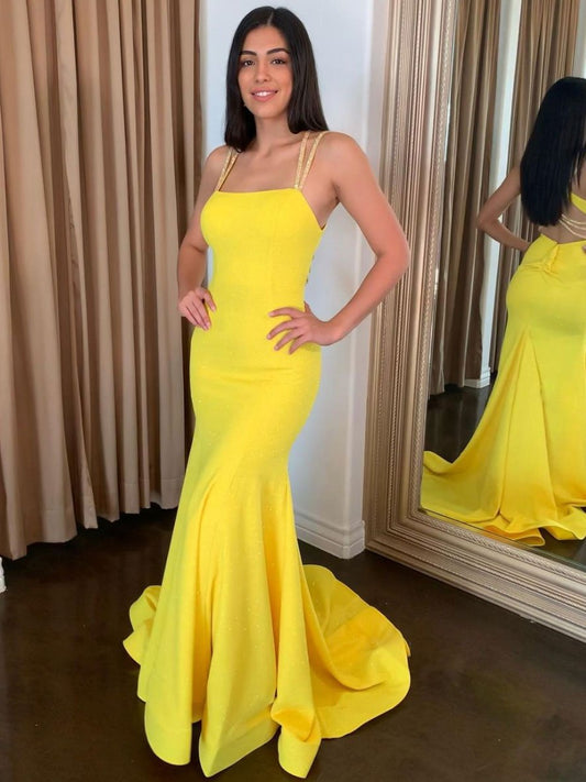Vestido de fiesta largo sencillo de satén amarillo, vestido de noche largo estilo sirena.