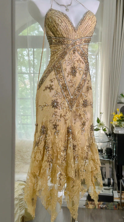 Vintage Sequin Appliques Spaghetti Strap A-line V-neck Irregular Hem Party Dresses Homecoming Dresses, TP3781