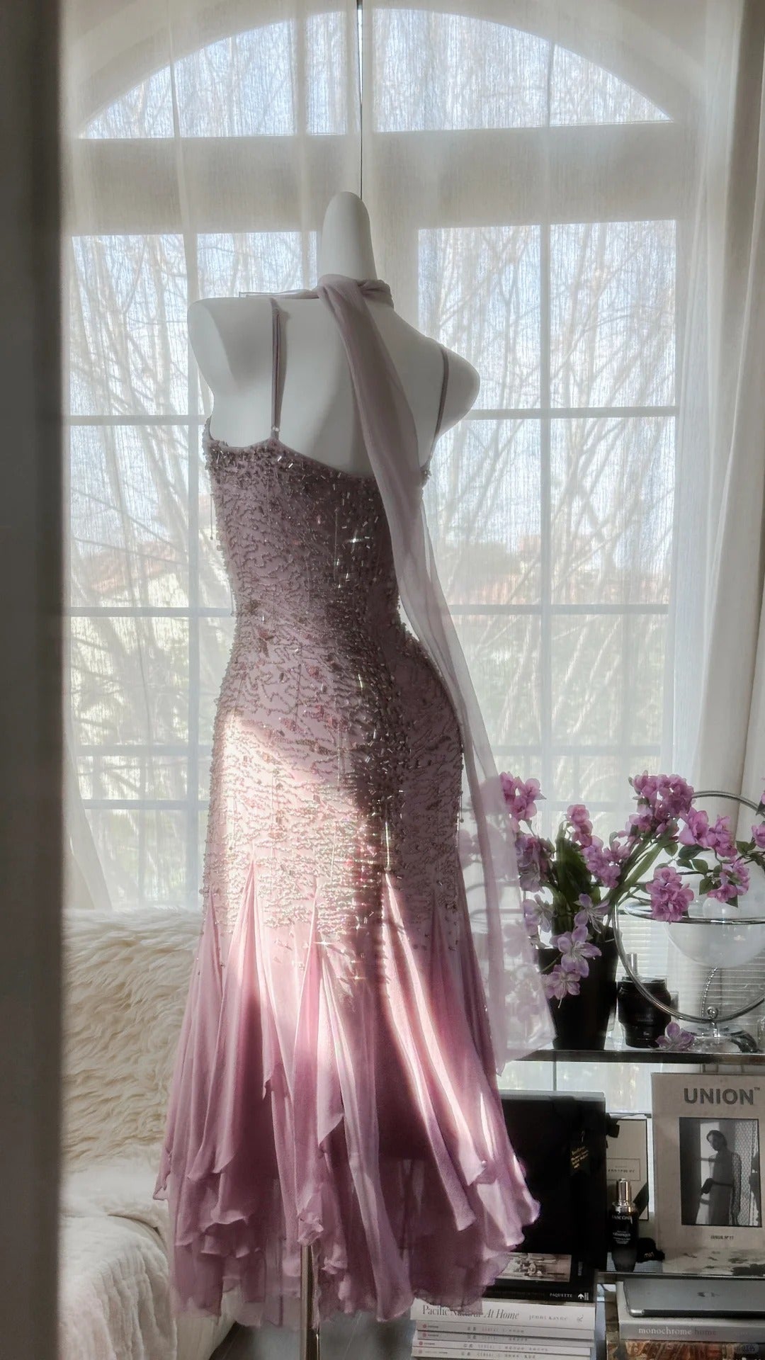 Pink Purple Elegant Romantic Exquisite Beaded Long Chiffon Ball Gown Evening Dress Birthday/Wedding Guest/Holiday Party Dress Prom Dress gh4021