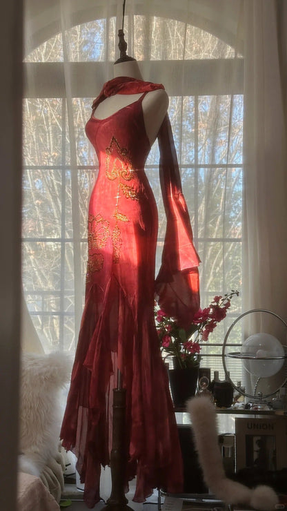 Red Romantic Fashion Elegant Exquisite Lotus Gold Beaded Long Chiffon Fishtail Skirt Mermaid Slim Ball Gown Evening Dress Birthday/Wedding Guest/Holiday Party Dress Prom Dress Valentine's Day Date Dress gh4029