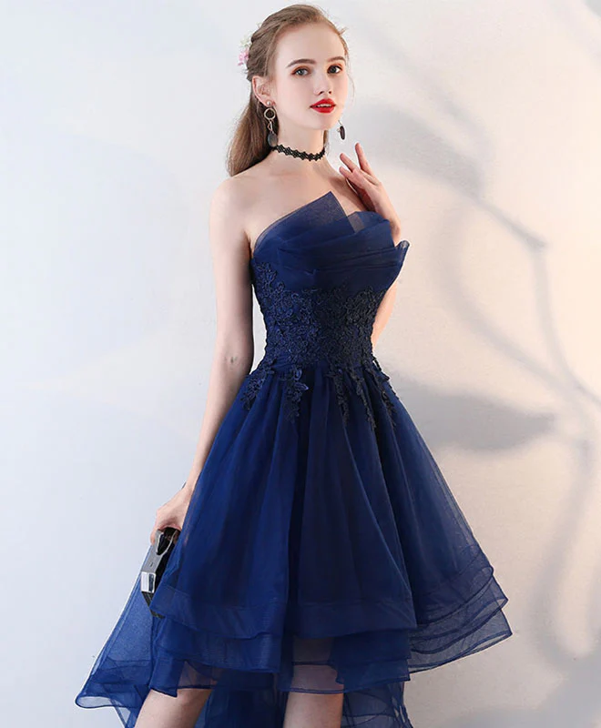 Retro Navy Blue Strapless Ruffled Hem Design A-line Tulle Party Dress Homecoming Dress TP4061