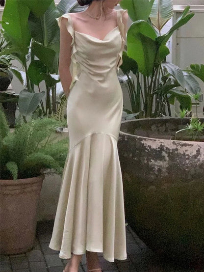 Vestido de fiesta vintage verde salvia con volantes, corte sirena, de satén, largo, para graduación, noche, TP4495