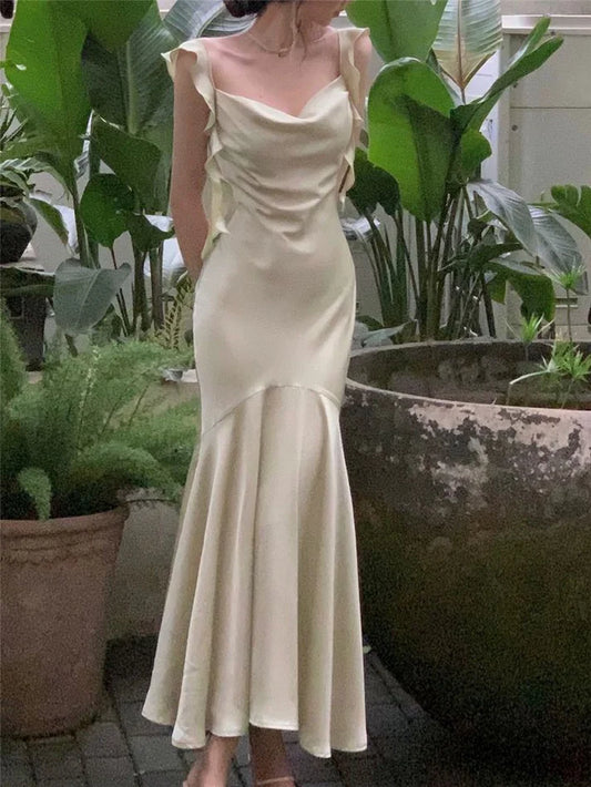 Vintage Sage Green Ruffle Mermaid Satin Long Prom Dress Party Dress Evening Dress TP4495