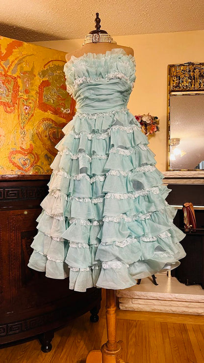 1940s Teal Vintage A Line Strapless Layered Organza Gown Homecoming Dress SH3661