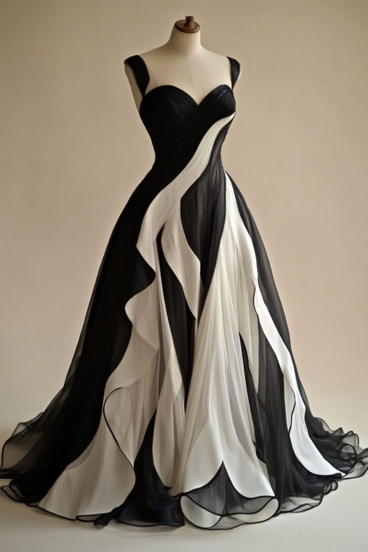 Black and White Elegant Fashion Long Chiffon Ball Gown Evening Gown Wedding Dress gh4223