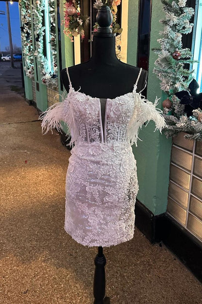 Blue/purple/black/red/white shiny elegant delicate floral beaded lace off-shoulder feather short mini homecoming dress evening gown party dress gh1349