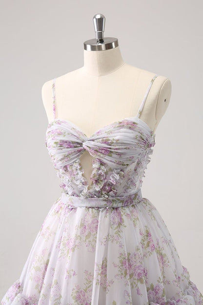 Vestido de cóctel vintage de corte A con tirantes finos, estampado floral y volantes, TP3390