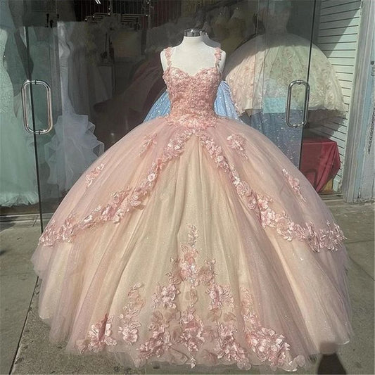 Vestidos de quinceañera de tul con apliques de corazón en rosa retro, corte A, con flores 3D, para 18 cumpleaños, TP4122