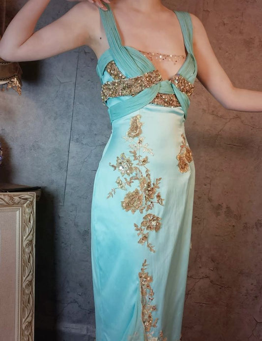 Gorgeous Sheath Strap Appliques Sequin Beaded Blue Satin Prom Dress Evening Dress SH2669