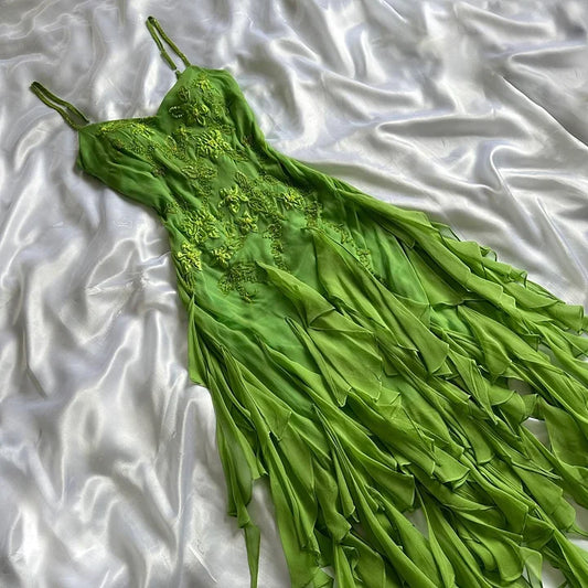 Green shiny fashion exquisite floral beading spaghetti straps long chiffon ruffles long ball gown evening dress party dress gh3403
