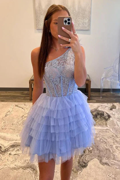 Charming Lavender Lace Design A-line One-shoulder Homecoming Dress TP3585