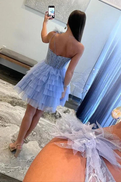 Charming Lavender Lace Design A-line One-shoulder Homecoming Dress TP3585