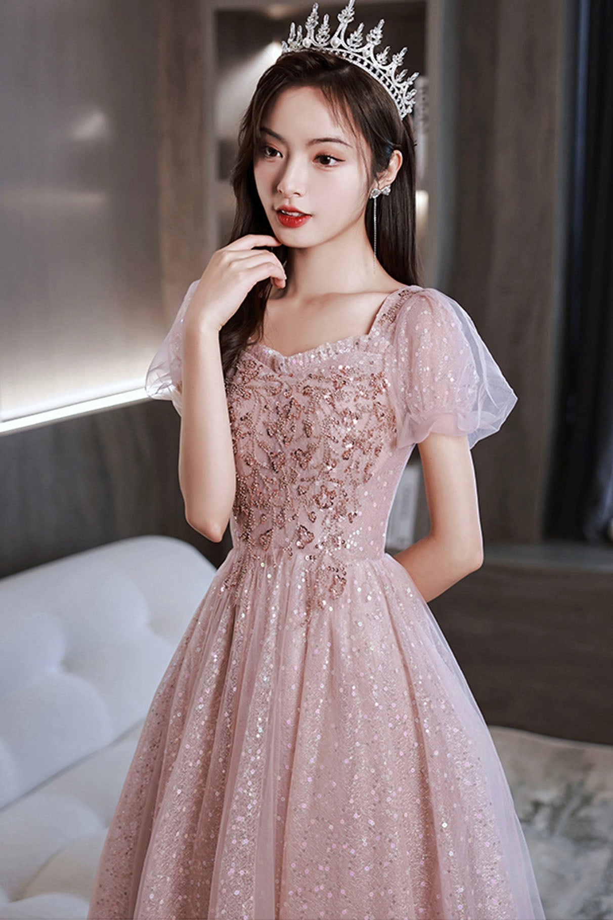 Pink Sequins and Lace Long Formal Dress, Cute Short Sleeve Evening Dress