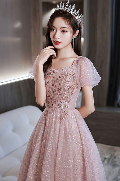 Pink Sequins and Lace Long Formal Dress, Cute Short Sleeve Evening Dress