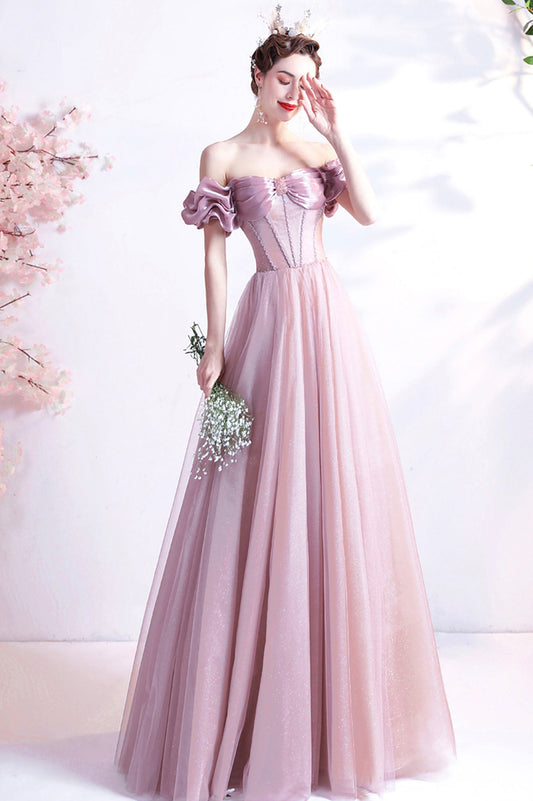 Pink Sweetheart with Beaded Tulle Prom Dresses, Pink Long Formal Dresses