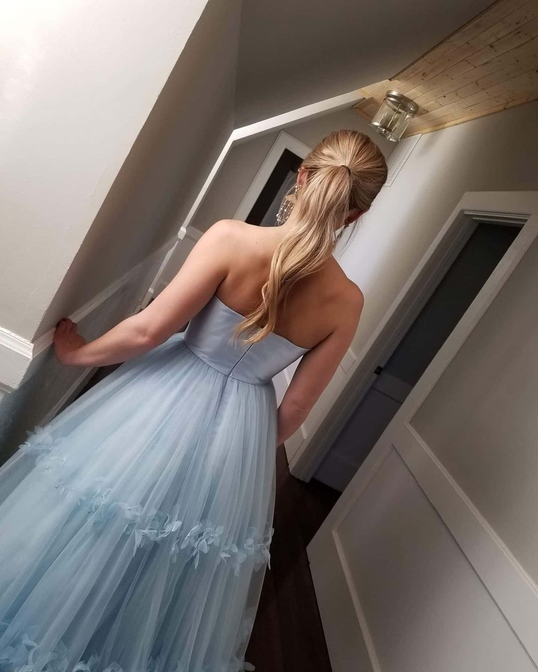 Light Blue Strapless Long Prom Dresses Tulle Graduation Gown GP97