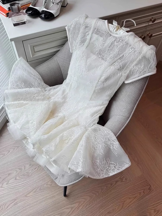 White Applique Design A-line Lace Short-sleeved  Party Dress Homecoming Dresses TP3939