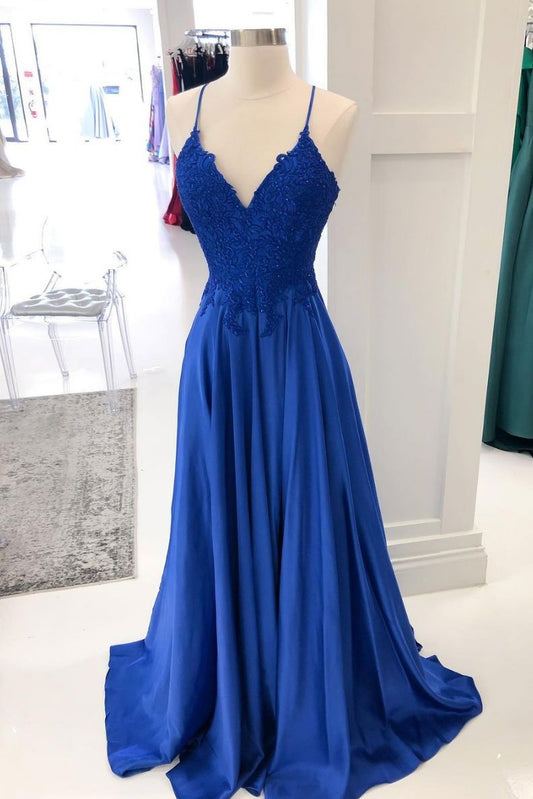 Vestido de fiesta largo de satén con encaje azul real, vestido formal azul