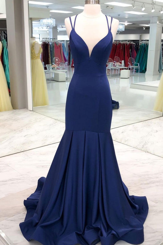 Vestido de fiesta largo de satén azul oscuro sencillo, vestido de noche azul