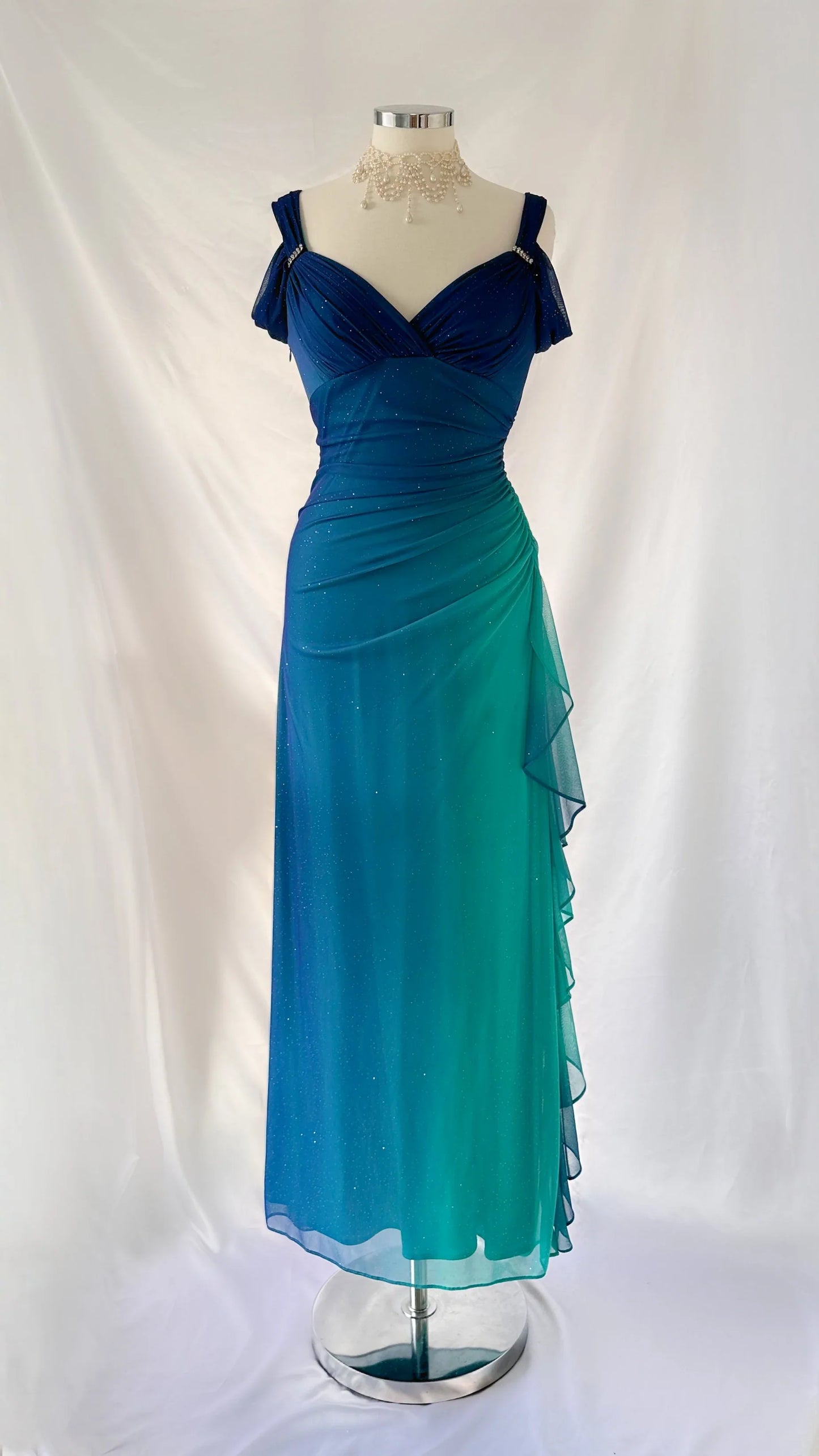Vestido de noche largo vintage de gasa con degradado azul verdoso brillante y diseño único con tirantes, TP2505