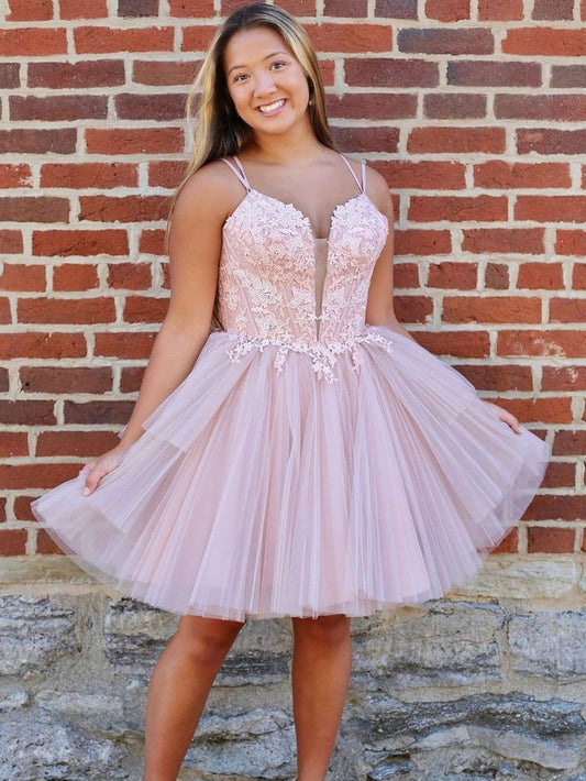 Vestido de cóctel corto de tul con encaje en forma de A en color rosa, vestidos semiformales
