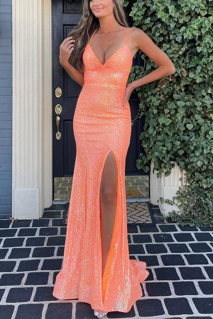 V Neck Straps Sequined Mermaid Prom Dresses, Long Slit Evening Dresses GP404