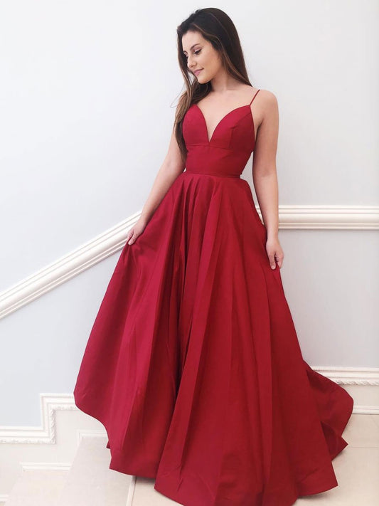 Vestido de fiesta largo de satén rojo con escote en V y corte A para dama de honor.