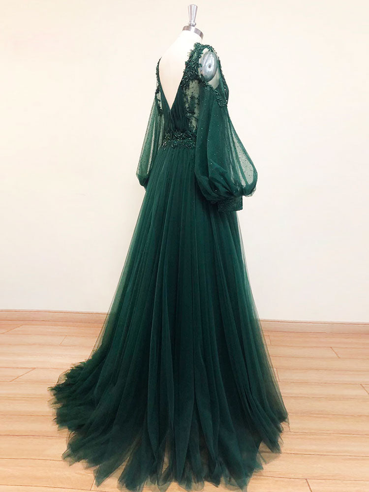 Vestido de fiesta largo de encaje con escote en V verde, vestido de noche de tul con manga larga