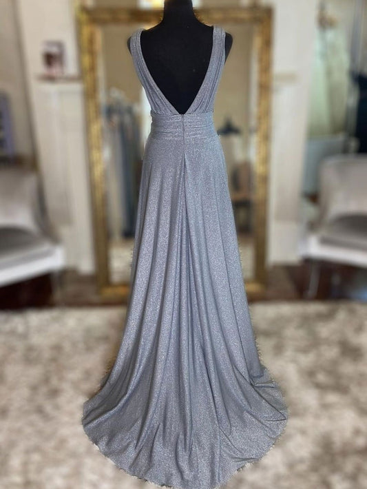 Vestido de fiesta largo de tul con lentejuelas y escote en V gris, vestido de noche gris