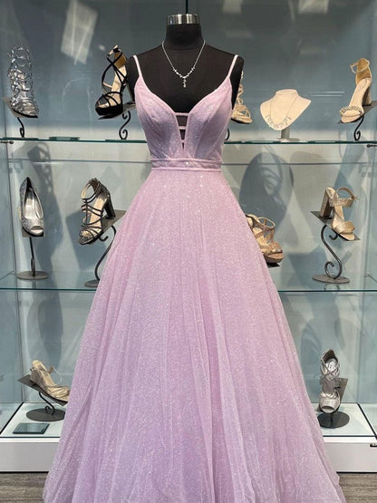 Vestido de fiesta largo de tul morado con escote en V sencillo, vestido de noche morado