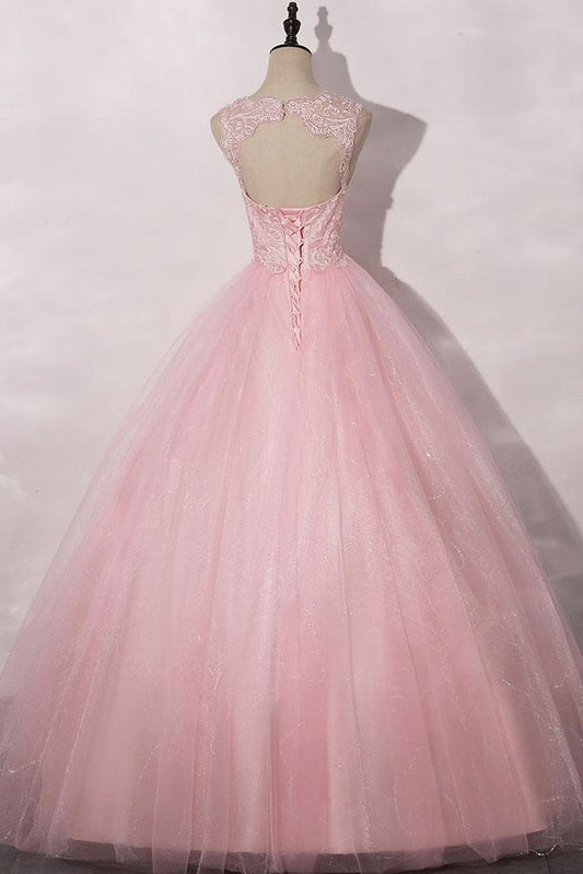 Vestido de fiesta largo de tul con cuello redondo y encaje rosa. Vestido formal de tul rosa.