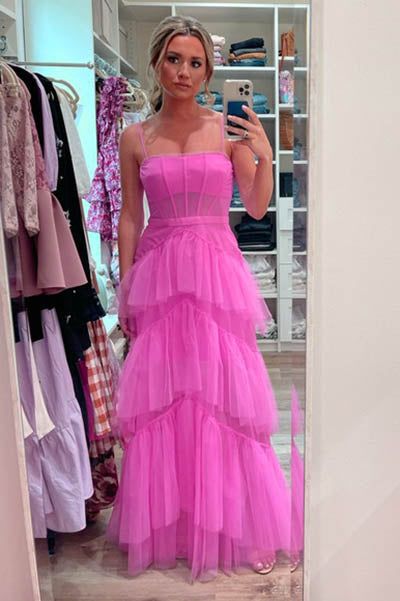 Vestido de fiesta rosa intenso con tirantes finos y volantes, largo hasta el suelo, TP80